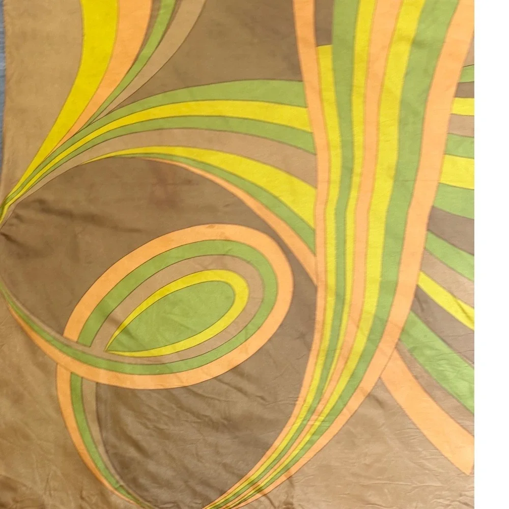 Vintage 70s Mid Century Geometric Swirl Square Scarf Women Brown Boho Chic Japan